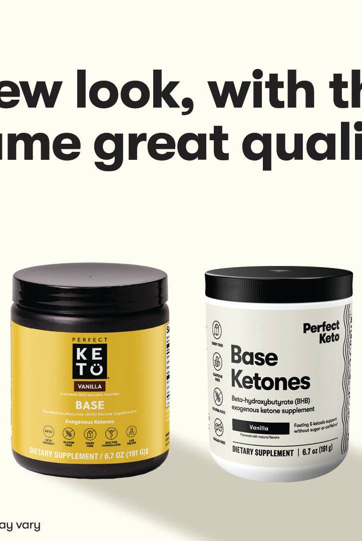 Vanilla Perfect Keto Base Ketones packaging comparison, same great BHB formula for energy and ketosis in updated design.