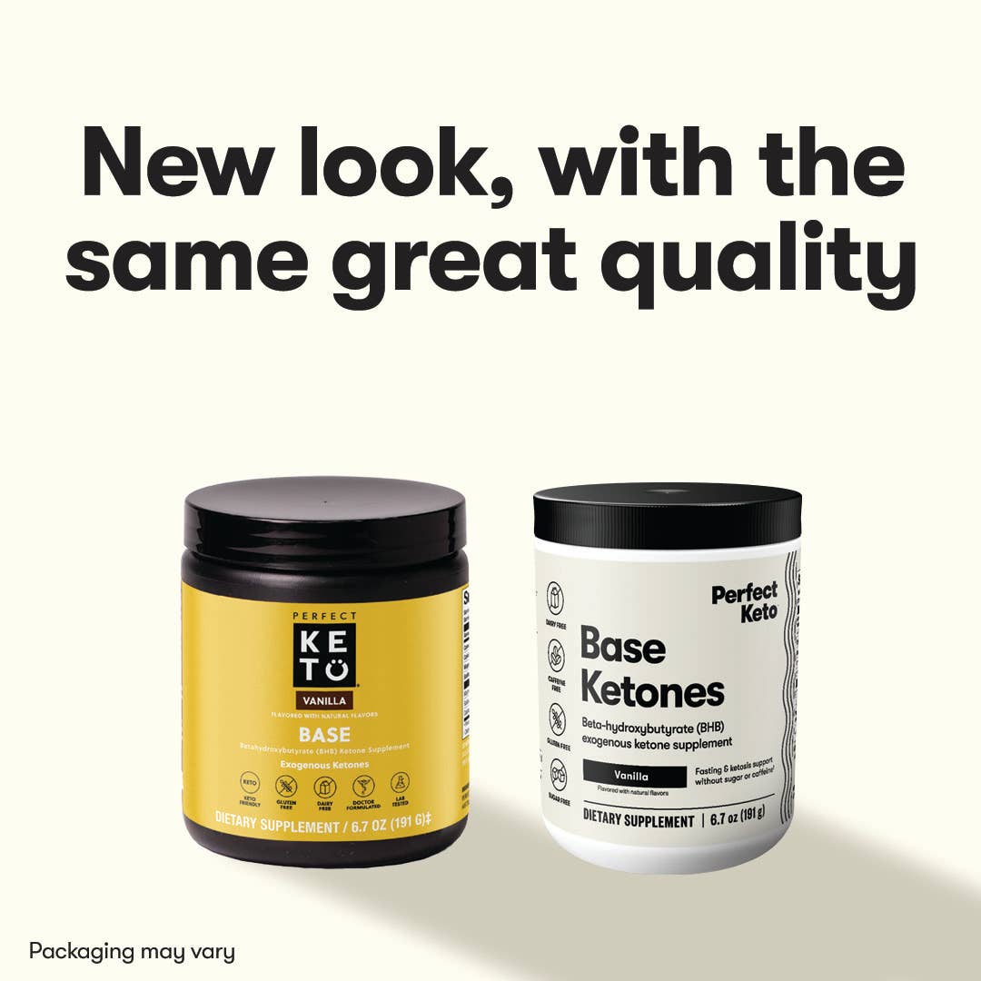 Vanilla Perfect Keto Base Ketones packaging comparison, same great BHB formula for energy and ketosis in updated design.