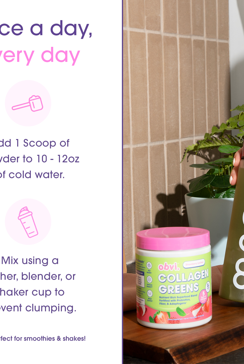 Instructions for using Obvi Collagen Greens - Strawberry Lychee, recommending one scoop daily mixed with water using a frother or blender.
