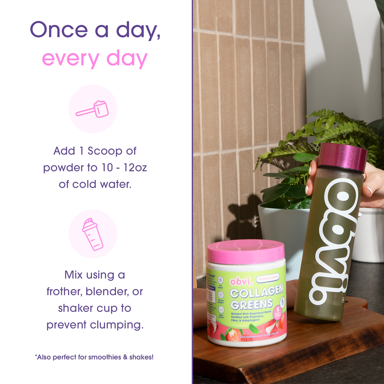 Instructions for using Obvi Collagen Greens - Strawberry Lychee, recommending one scoop daily mixed with water using a frother or blender.