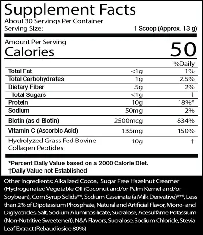 Supplement facts label for MuscleSport Collagen Peptides Red Velvet showing 2500mcg biotin and 10g collagen peptides per serving.