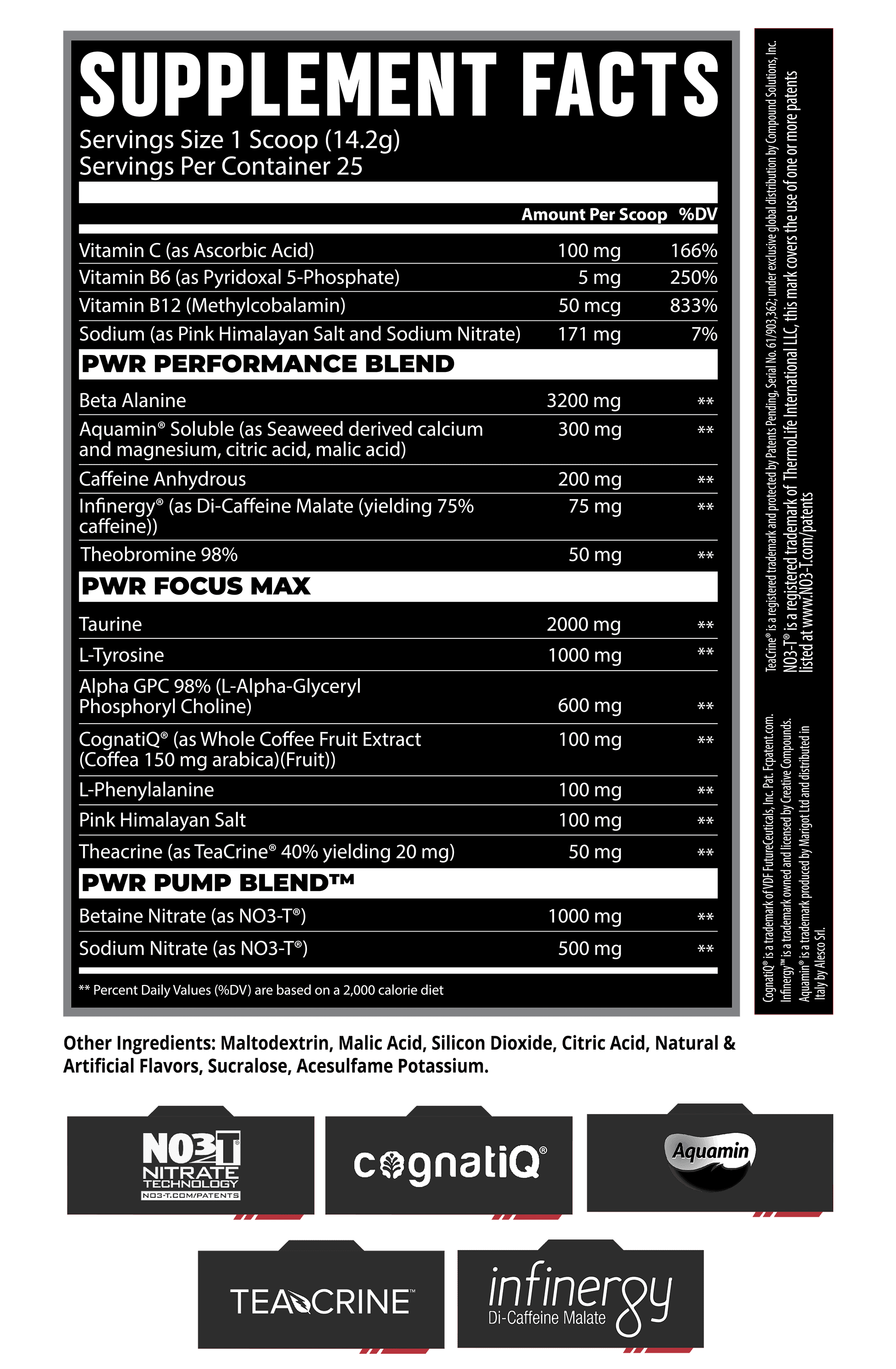 Supplement facts panel for KLOUT KARMA Pre-Workout - Space Kandy showing detailed ingredient list and dosages for fitness and mental clarity.
