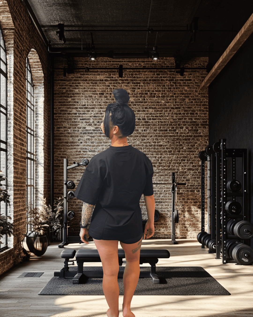 Back view of BulkBully G.O.A.L.S Collection Women's Black Oversized Tee, showcasing relaxed fit and casual gym-ready design.