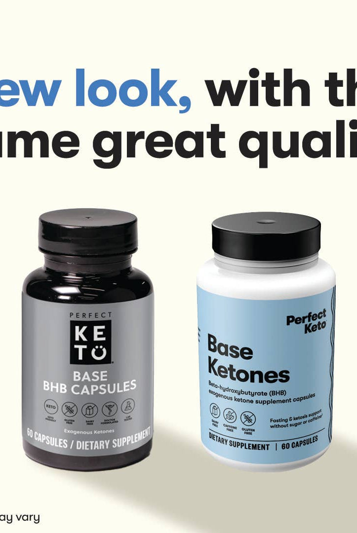 Comparison of old and new packaging for Perfect Keto Base BHB Capsules. Same exogenous ketones formula for energy and appetite control.