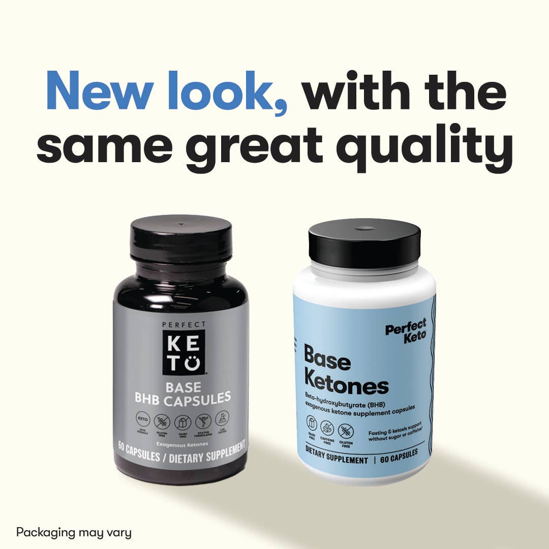 Comparison of old and new packaging for Perfect Keto Base BHB Capsules. Same exogenous ketones formula for energy and appetite control.