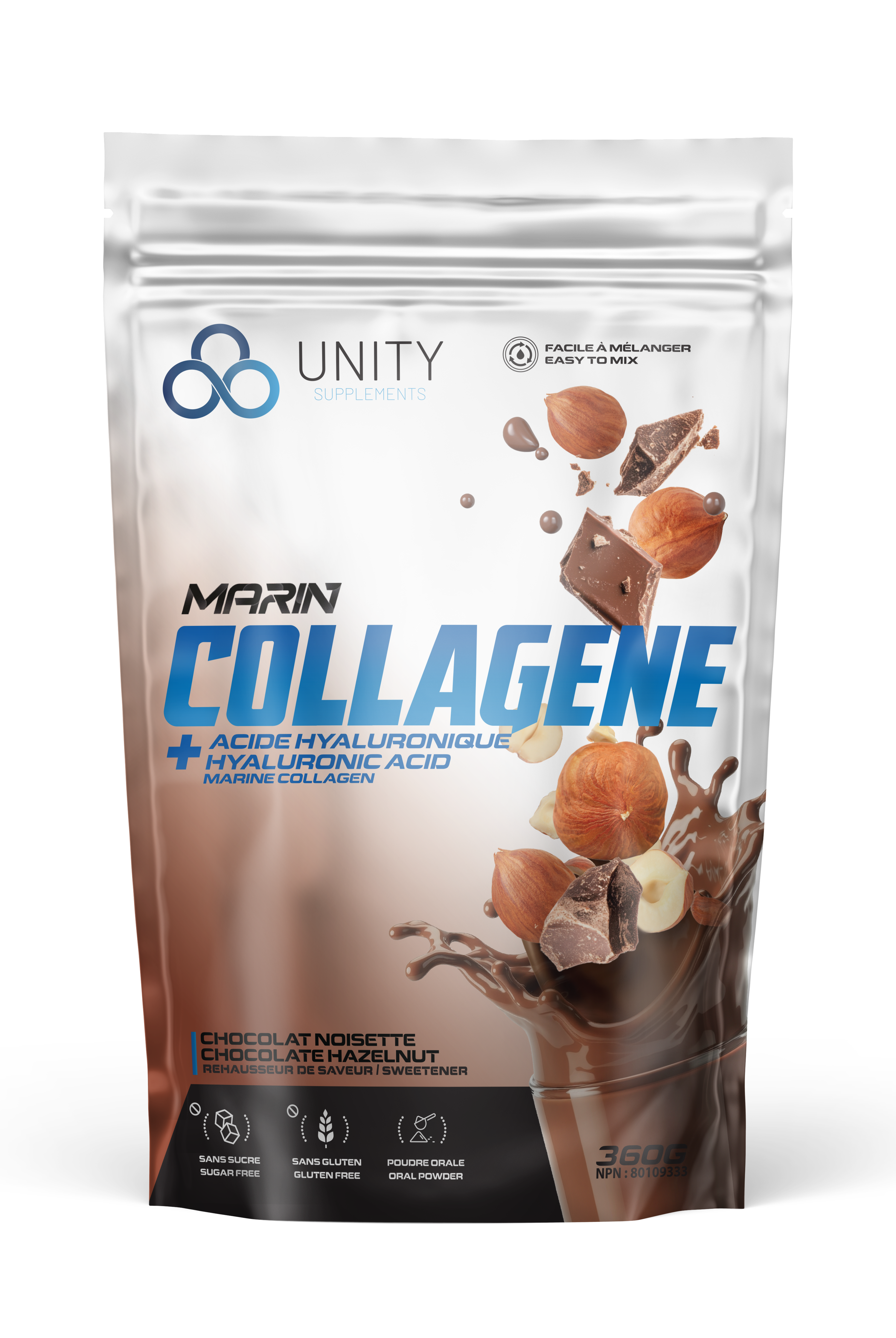 Chocolate Collagen for Radiant Skin with 10g marine collagen and hyaluronic acid. Hazelnut chocolate flavor in resealable pouch for joint support.