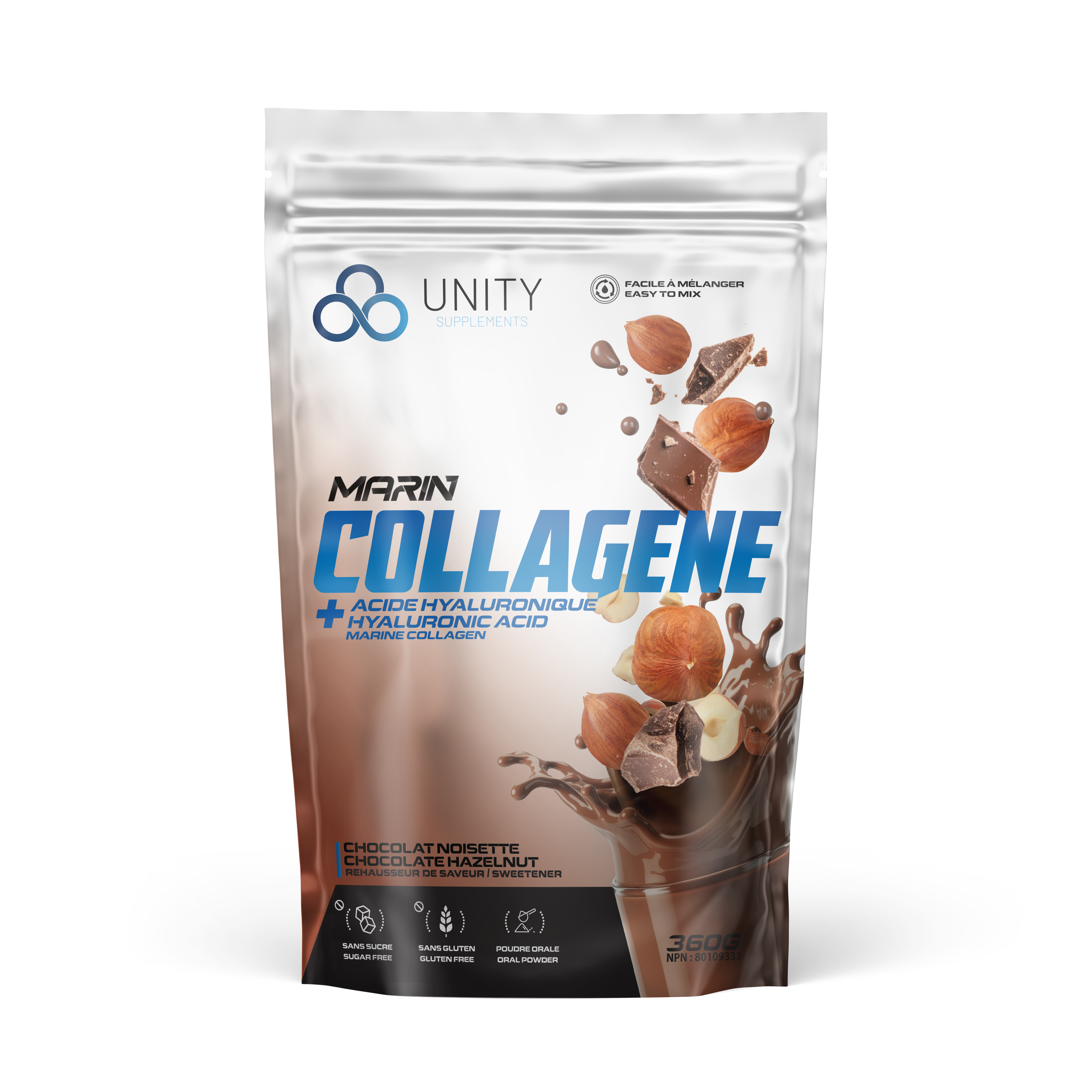 Chocolate Collagen for Radiant Skin with 10g marine collagen and hyaluronic acid. Hazelnut chocolate flavor in resealable pouch for joint support.