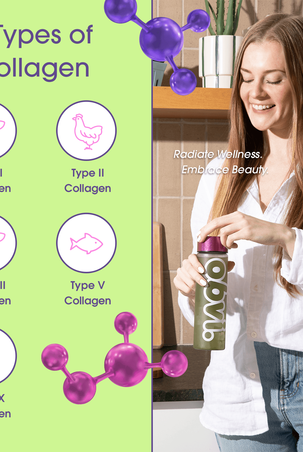 Obvi Collagen Greens - Strawberry Lychee highlights 5 collagen types: I, II, III, V, and X, supporting full-body wellness and beauty from within.