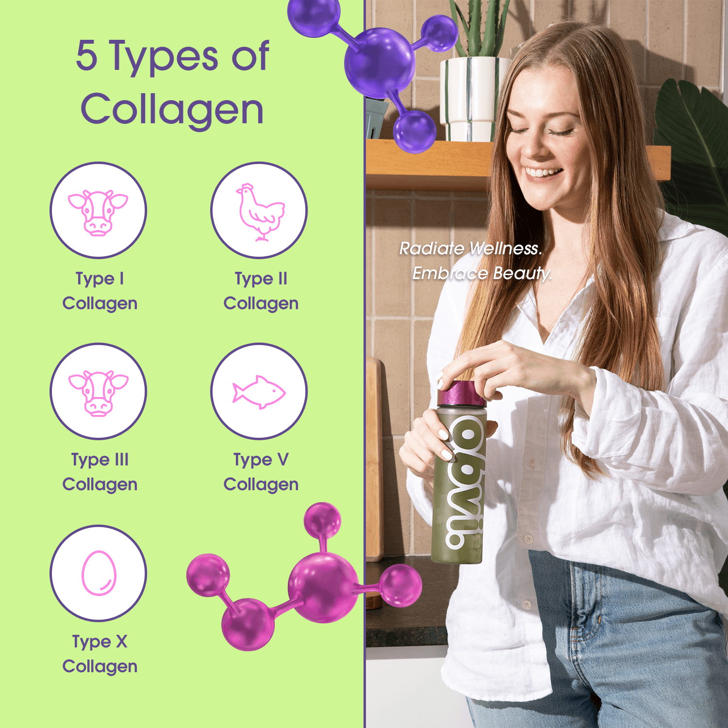 Obvi Collagen Greens - Strawberry Lychee highlights 5 collagen types: I, II, III, V, and X, supporting full-body wellness and beauty from within.