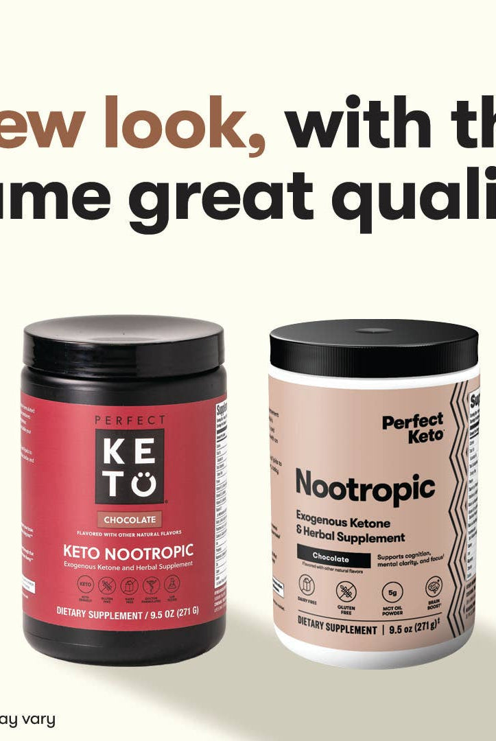 Side-by-side comparison of old and new packaging for Perfect Keto Nootropic Chocolate, highlighting consistent quality in ketone supplements.
