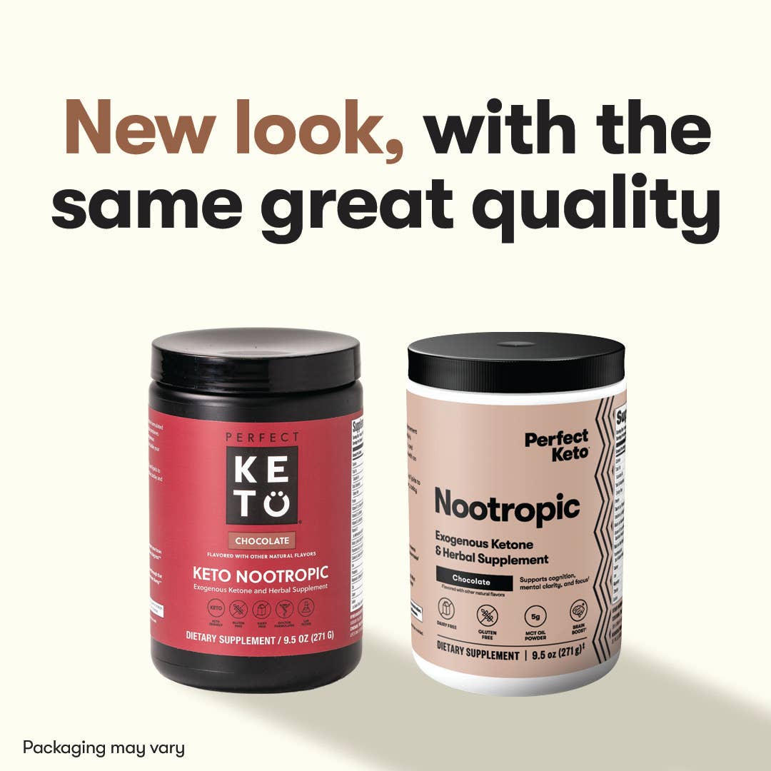 Side-by-side comparison of old and new packaging for Perfect Keto Nootropic Chocolate, highlighting consistent quality in ketone supplements.
