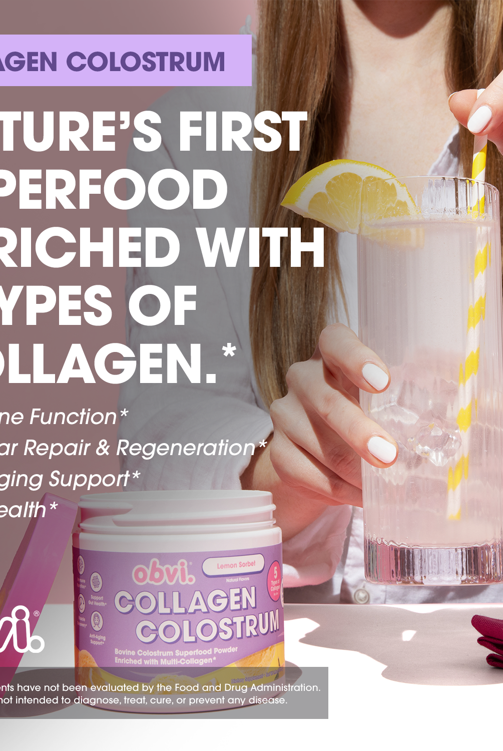 Obvi Collagen Colostrum Lemon Sorbet drink with 5 collagen types, promoting gut health, anti-aging, and immune function.