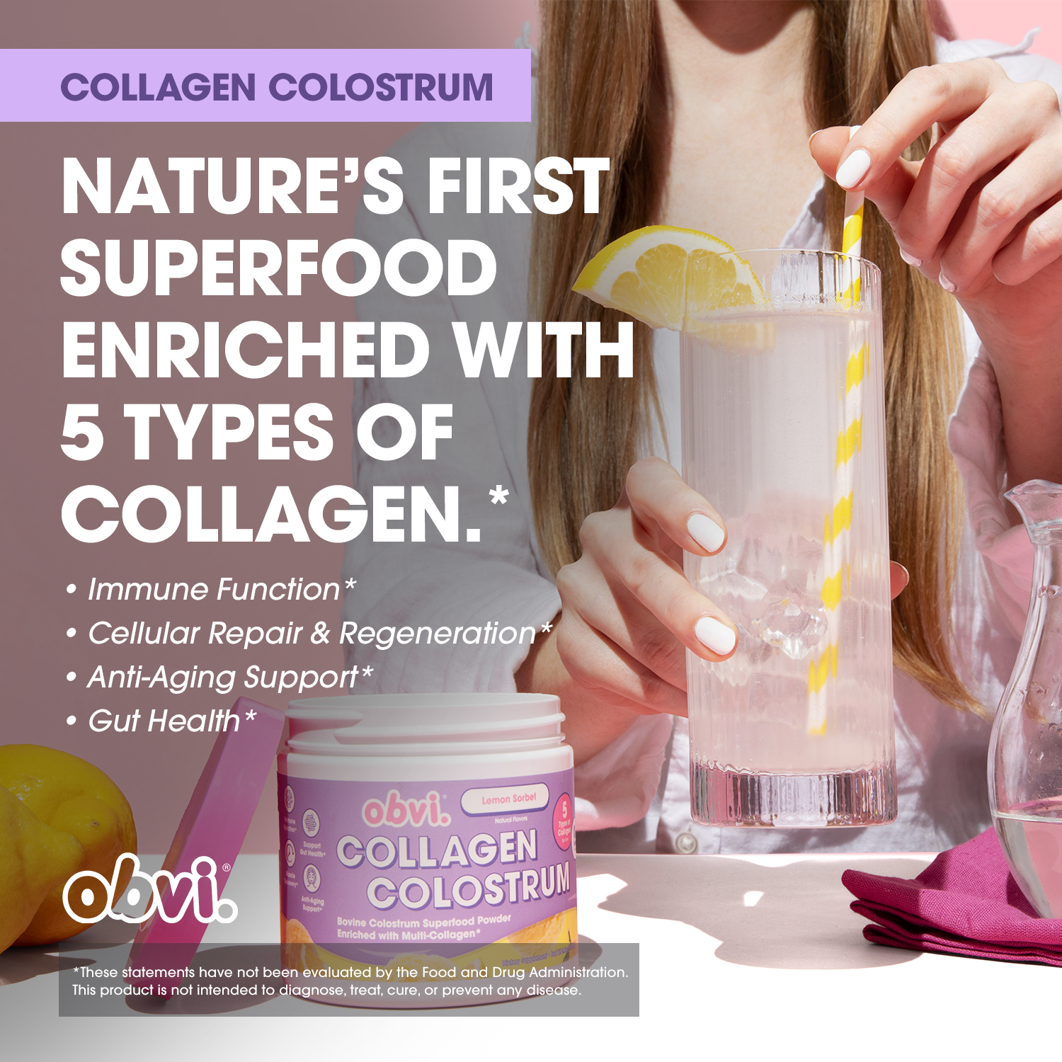 Obvi Collagen Colostrum Lemon Sorbet drink with 5 collagen types, promoting gut health, anti-aging, and immune function.