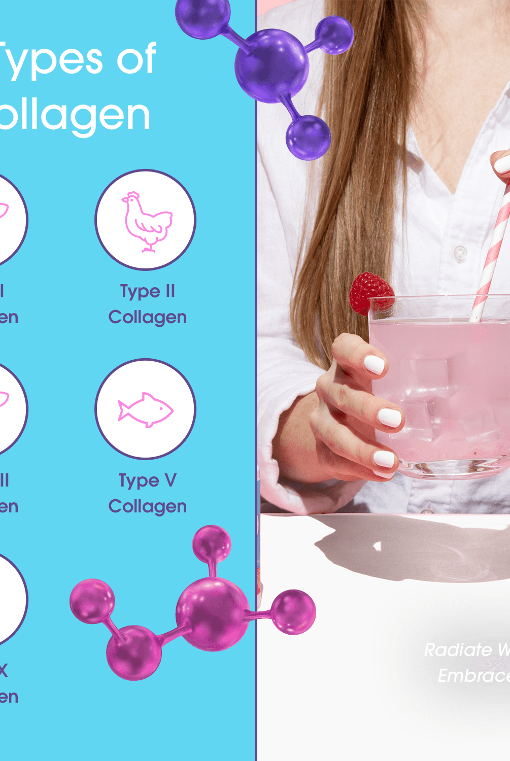 Five types of collagen in Obvi Hydration Raspberry Rose shown with icons, emphasizing beauty and wellness support in a refreshing drink.