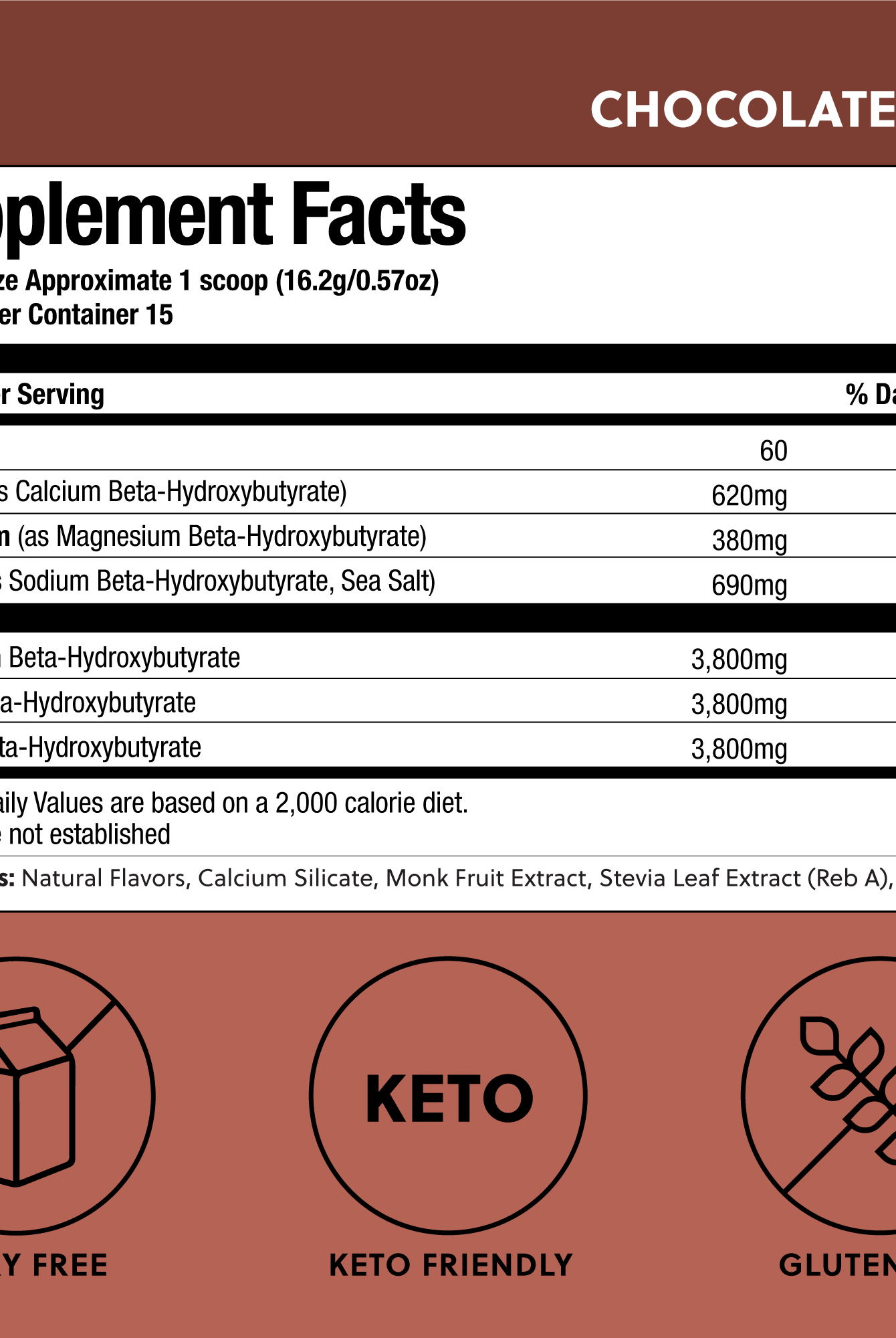 Supplement facts for Chocolate Perfect Keto Base Ketones, highlighting BHB content and keto-friendly, dairy-free formulation.