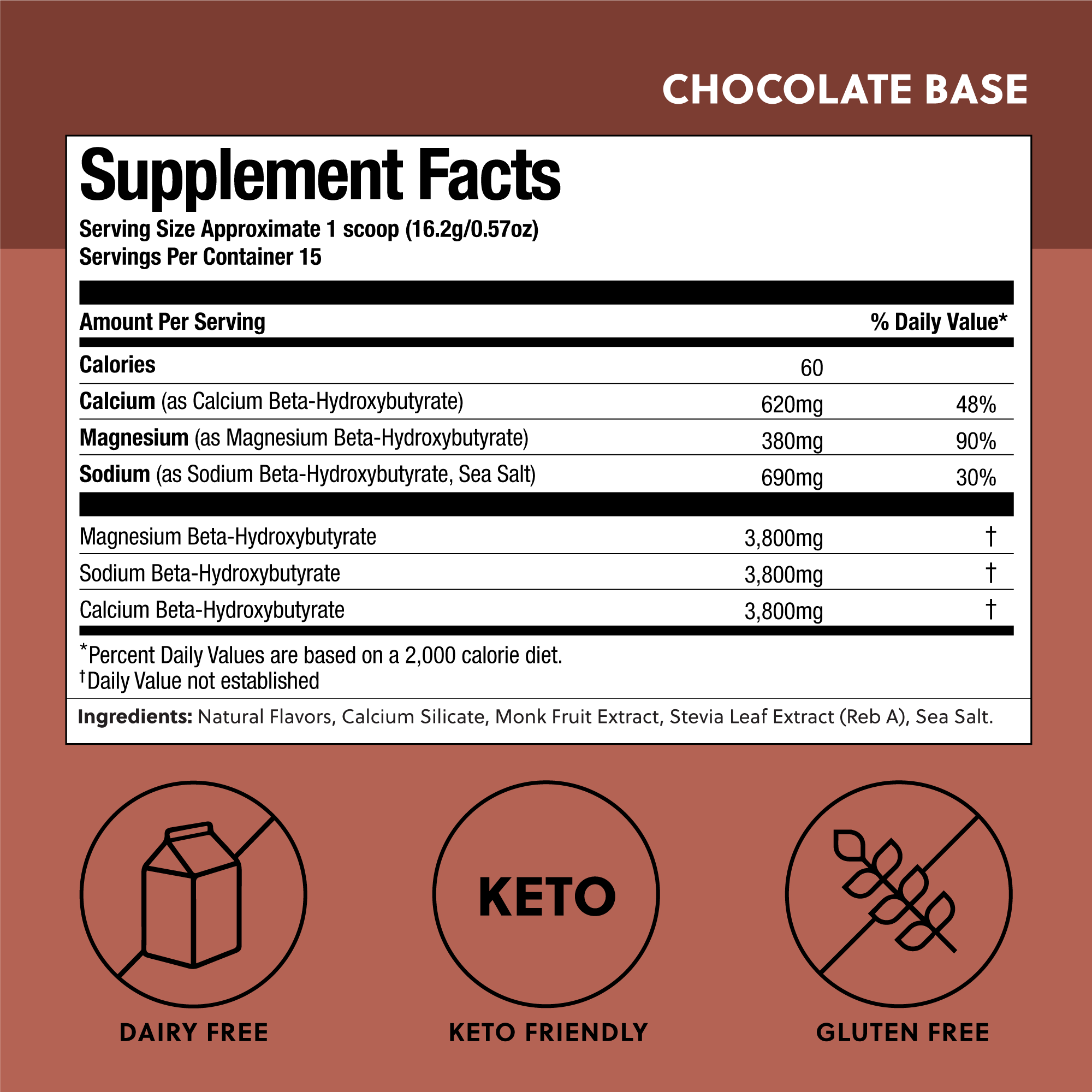 Supplement facts for Chocolate Perfect Keto Base Ketones, highlighting BHB content and keto-friendly, dairy-free formulation.