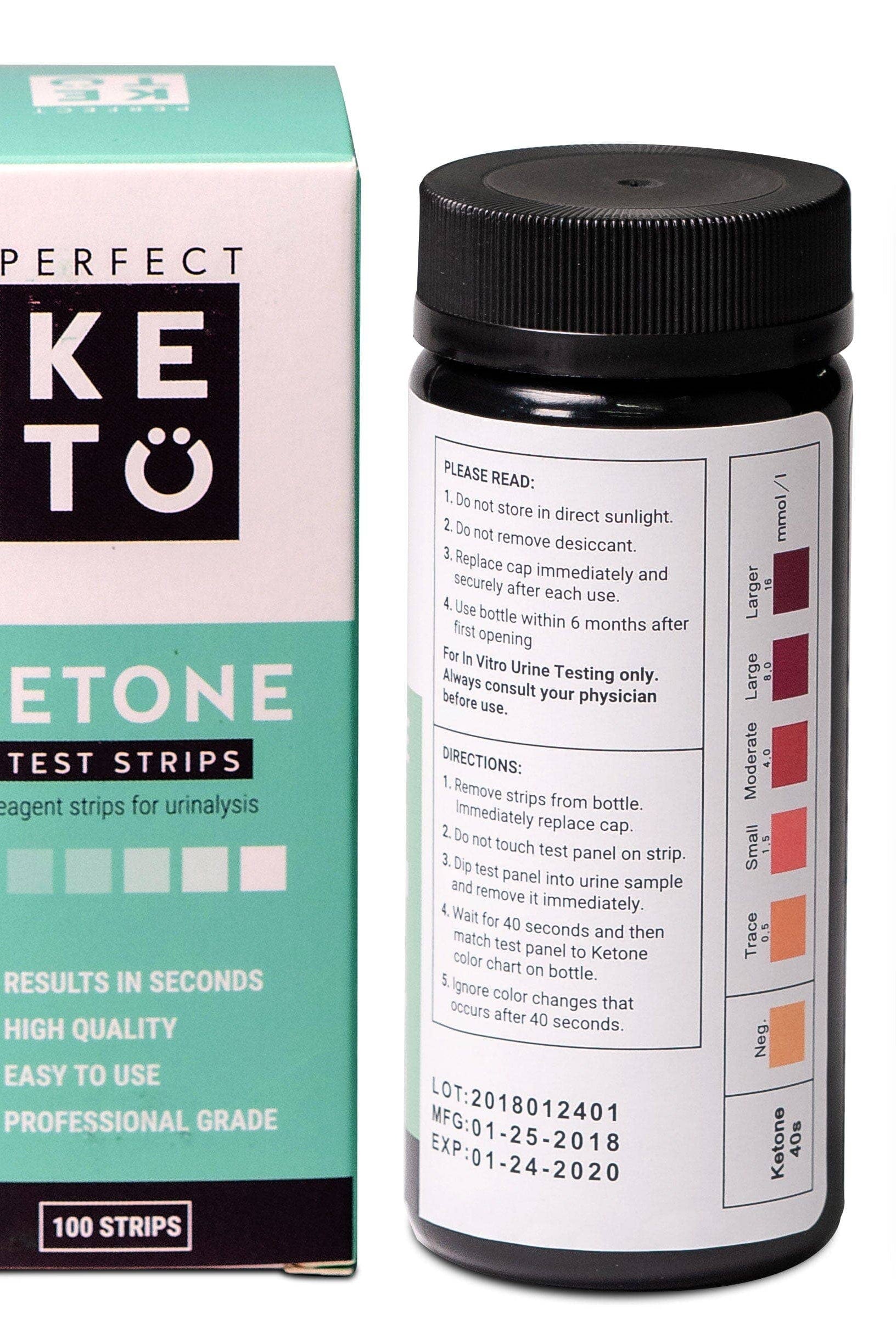 Perfect Keto Ketone Test Strips with color chart for urinalysis. Includes directions and expiration date for accurate keto tracking.