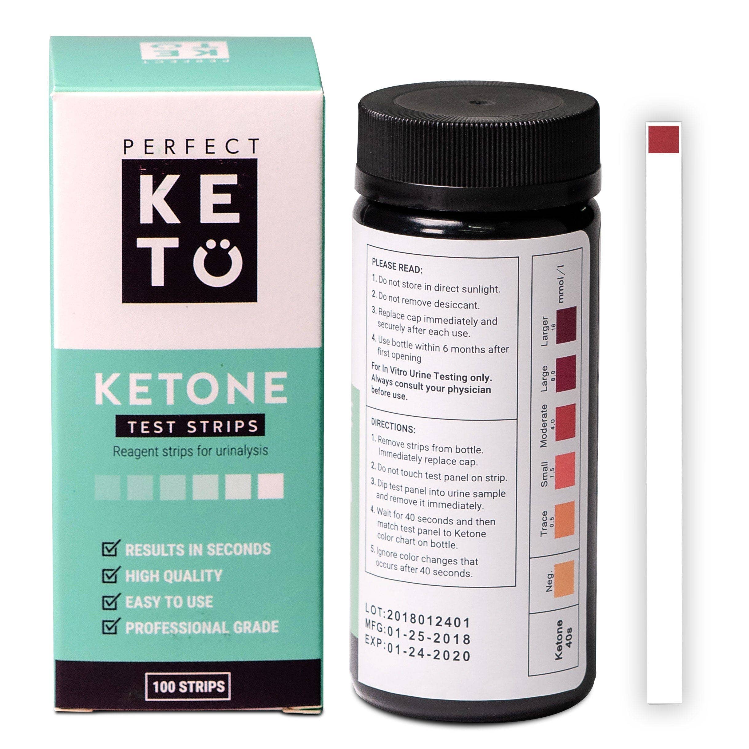 Perfect Keto Ketone Test Strips with color chart for urinalysis. Includes directions and expiration date for accurate keto tracking.