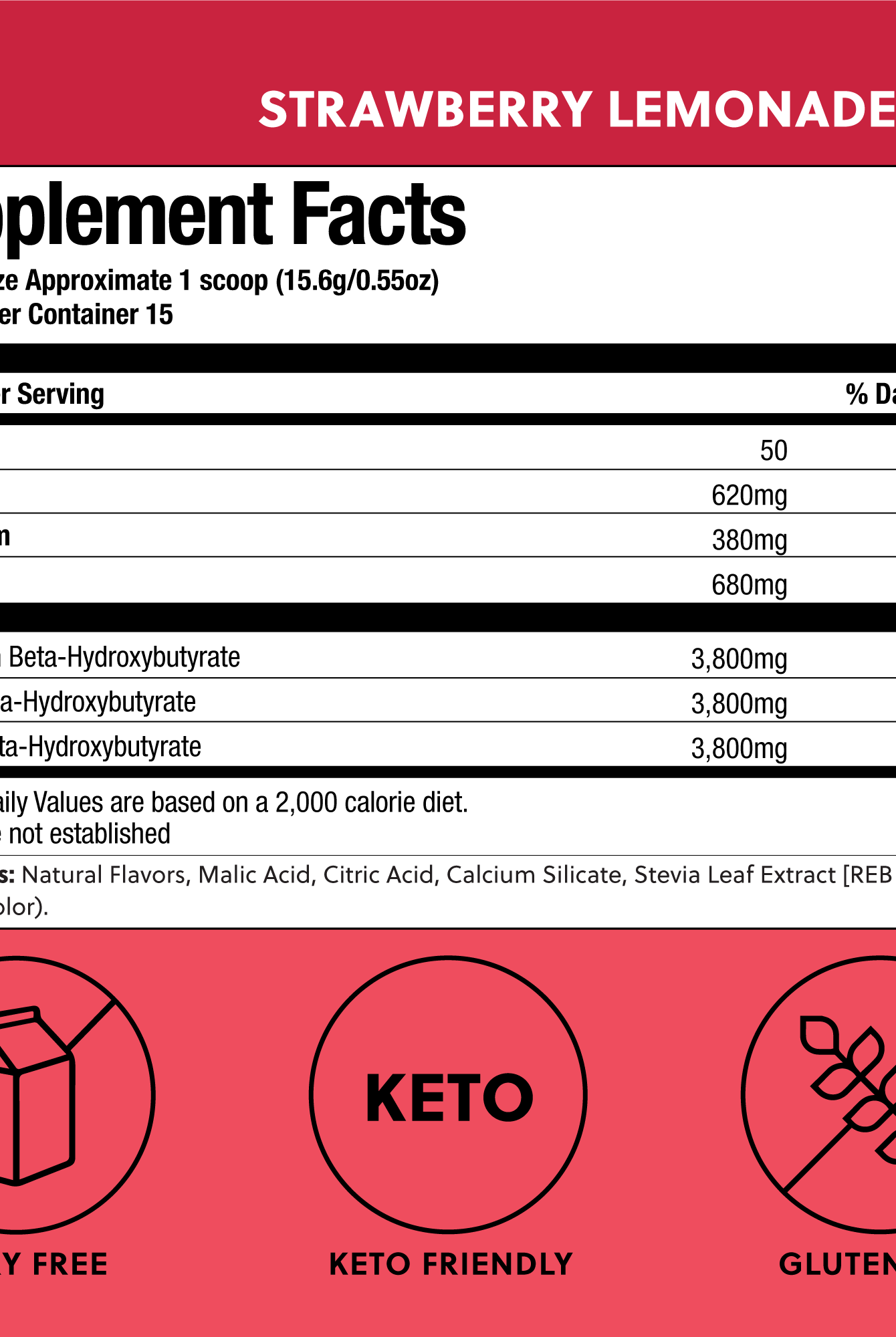 Supplement facts for Strawberry Lemonade Perfect Keto Base Ketones, showing BHB content and keto-friendly, gluten-free benefits.