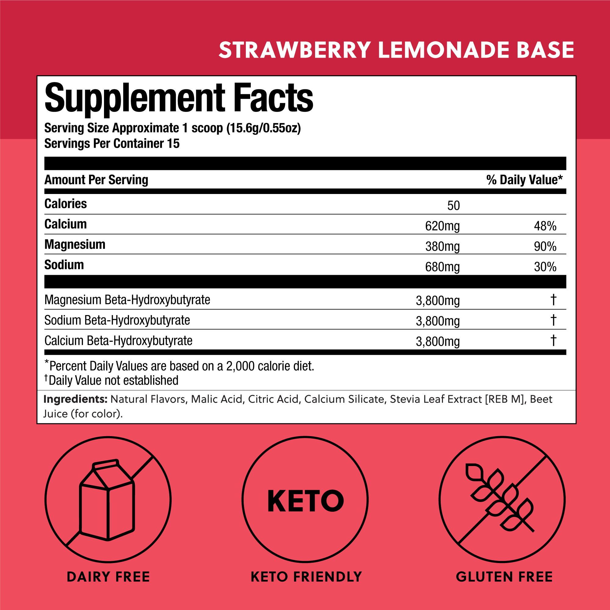 Supplement facts for Strawberry Lemonade Perfect Keto Base Ketones, showing BHB content and keto-friendly, gluten-free benefits.