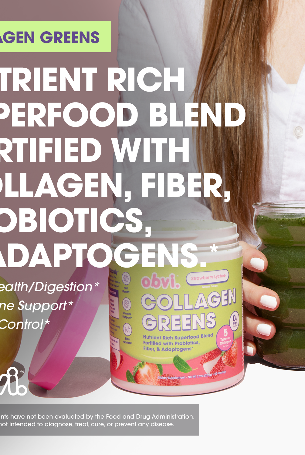 Obvi Collagen Greens - Strawberry Lychee superfood blend promotes gut health, immune support, and bloat control with collagen, fiber, and adaptogens.