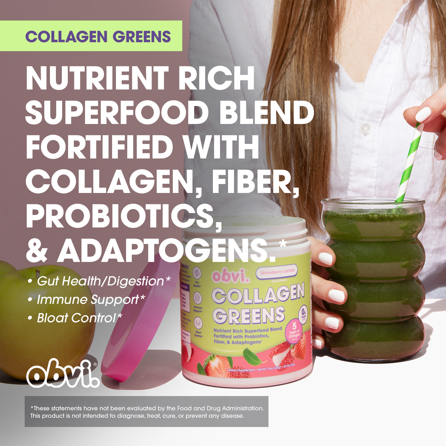 Obvi Collagen Greens - Strawberry Lychee superfood blend promotes gut health, immune support, and bloat control with collagen, fiber, and adaptogens.