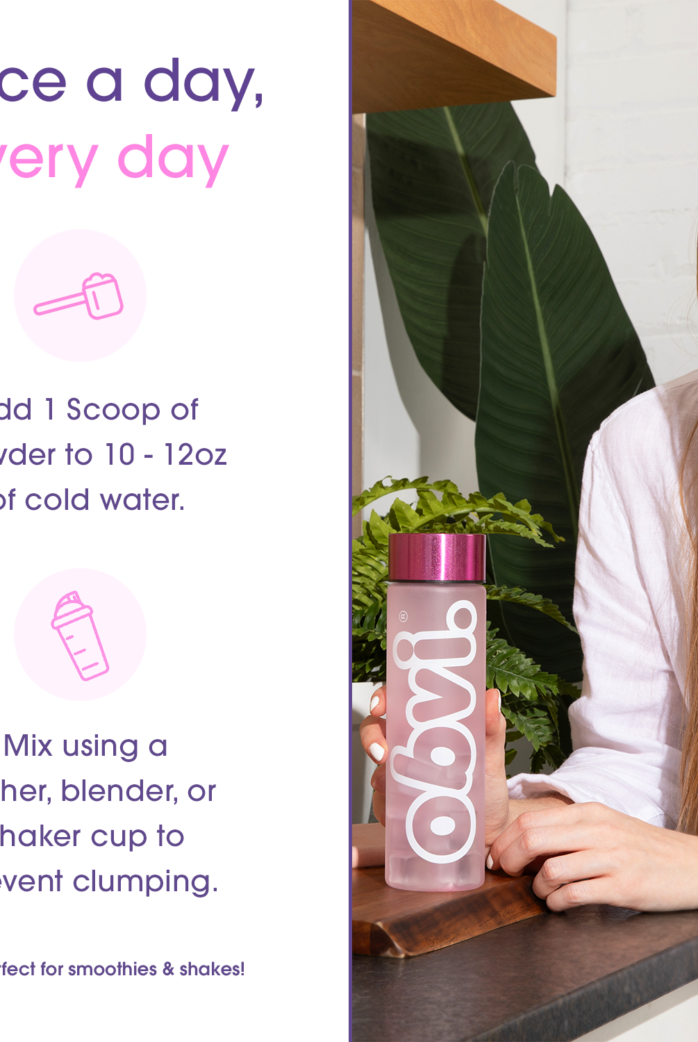 Woman preparing Obvi Hydration Raspberry Rose drink by adding one scoop to water, promoting daily hydration and easy mixing instructions.