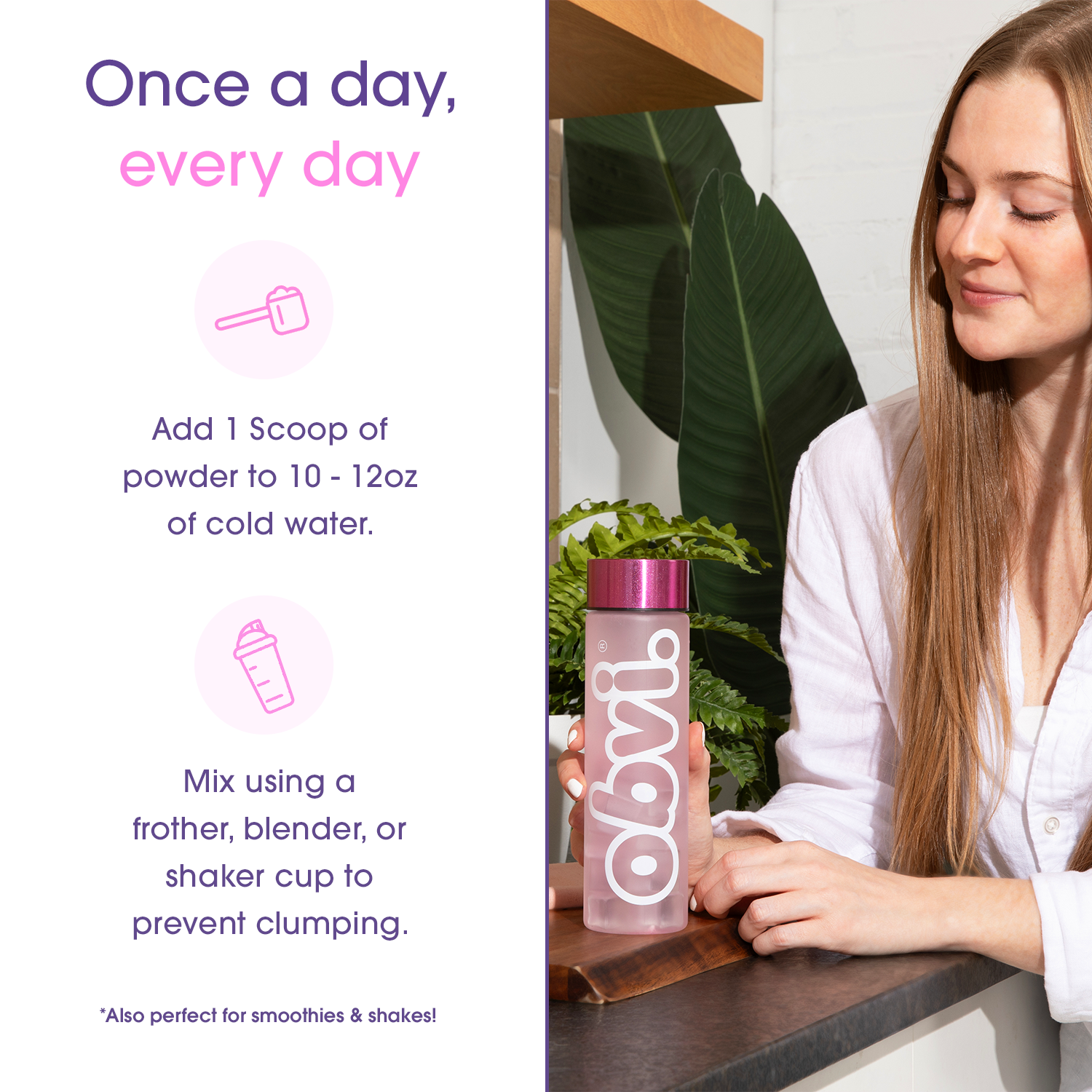 Woman preparing Obvi Hydration Raspberry Rose drink by adding one scoop to water, promoting daily hydration and easy mixing instructions.