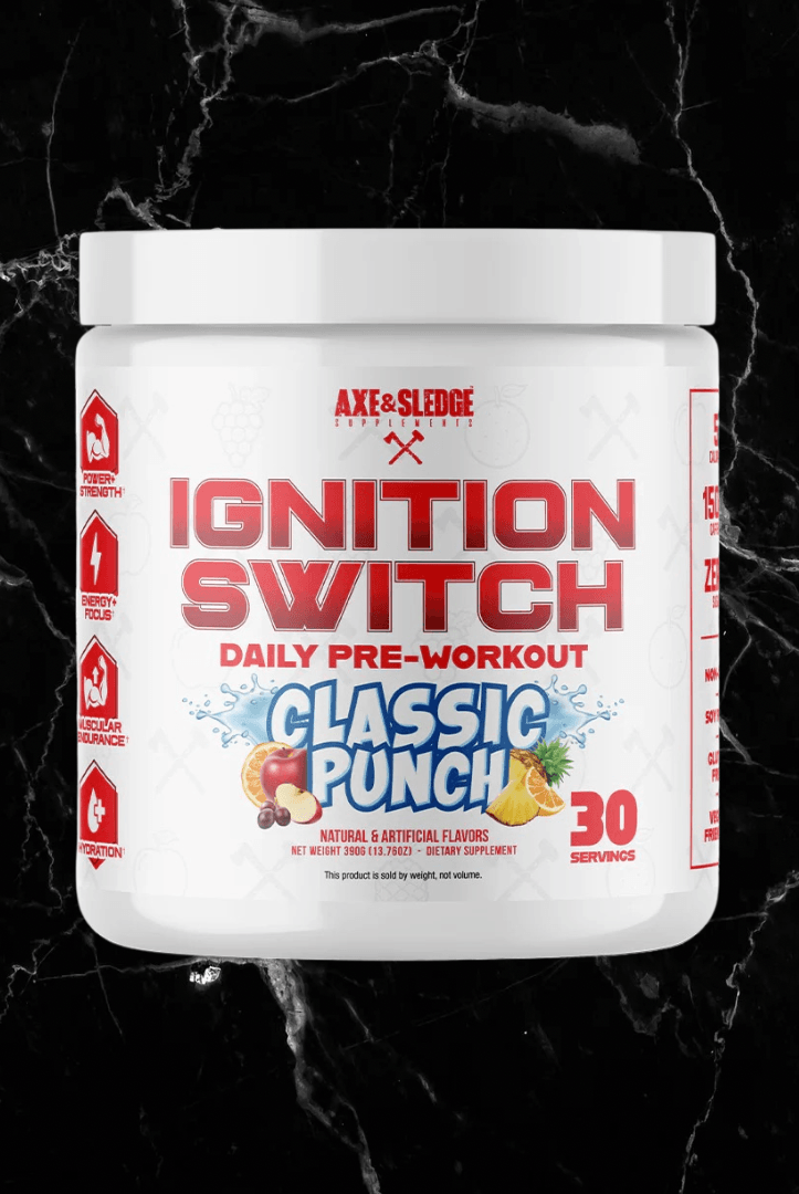 Axe & Sledge Ignition Switch Pre-Workout Classic Punch flavor with 30 servings, designed to boost energy, focus, and endurance for intense workouts.