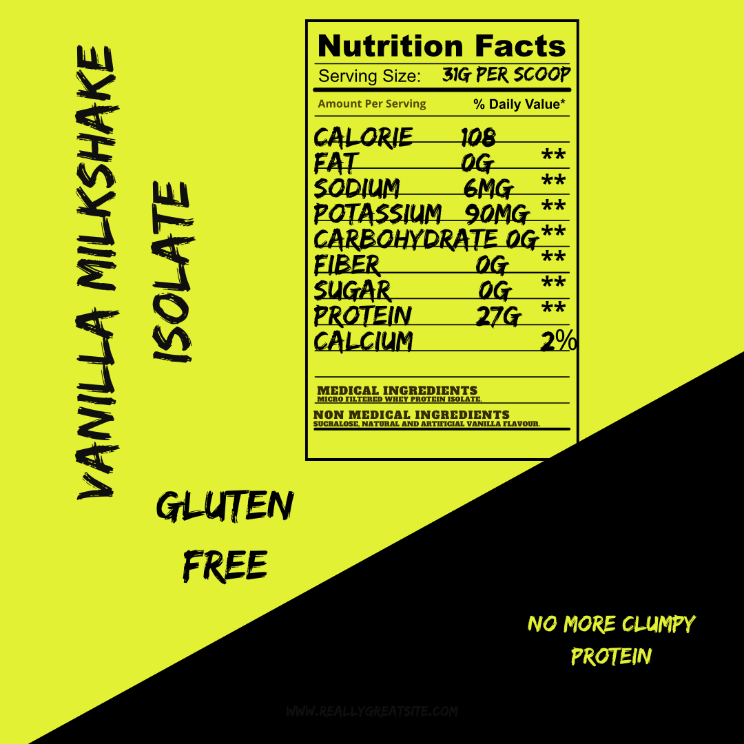 Nutrition label for BulkBully Vanilla Milkshake Whey Isolate showing 27g protein per scoop, gluten-free, no carbs or fats. Perfect for lean muscle gain.