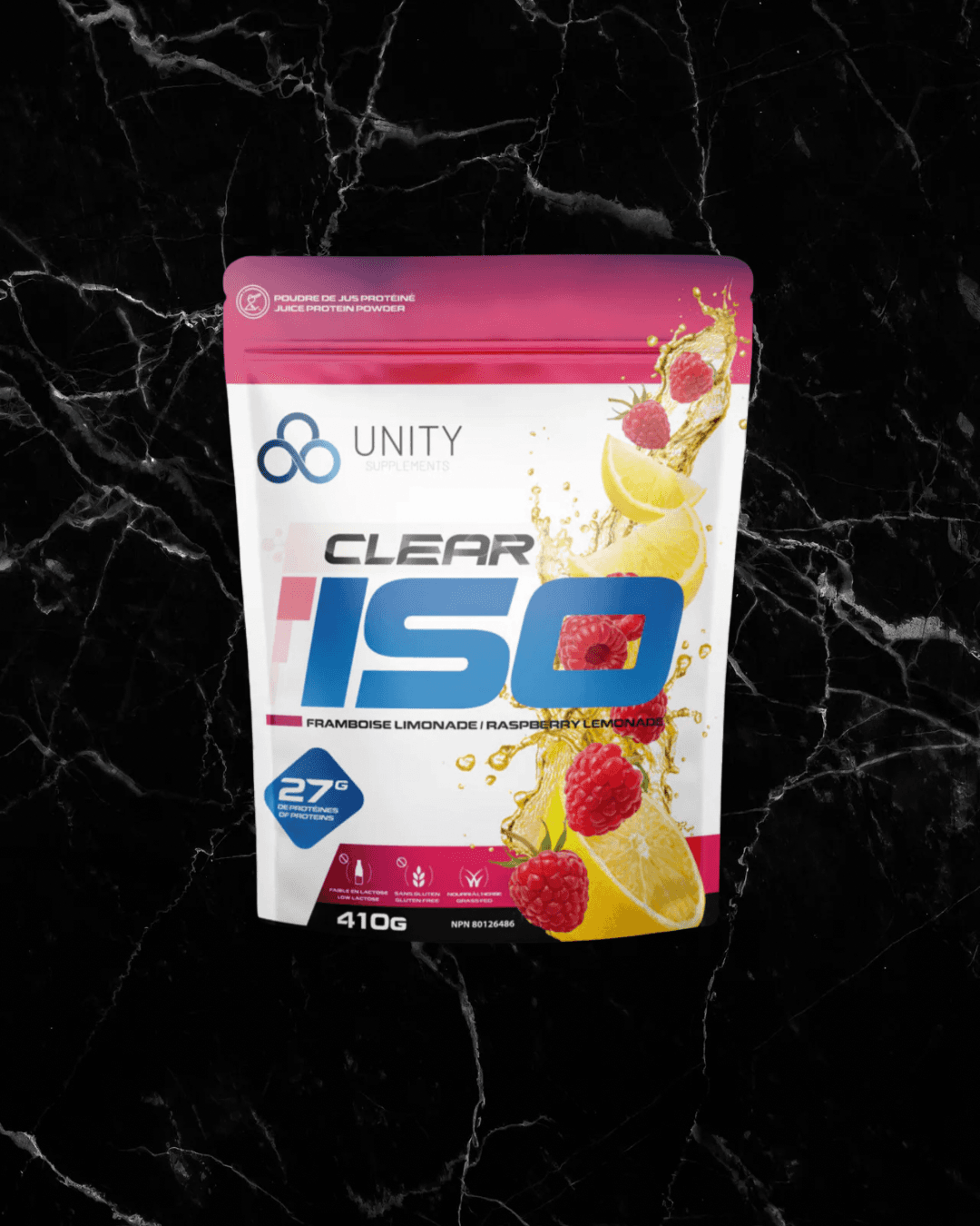 Clear ISO protein juice in peach mango flavor with muscular dog logo backdrop.