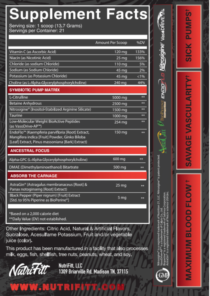Supplement facts label for Nutrifitt Pump Carnage Non-Stim Formula, detailing ingredients like Citrulline and Betaine for pump enhancement.
