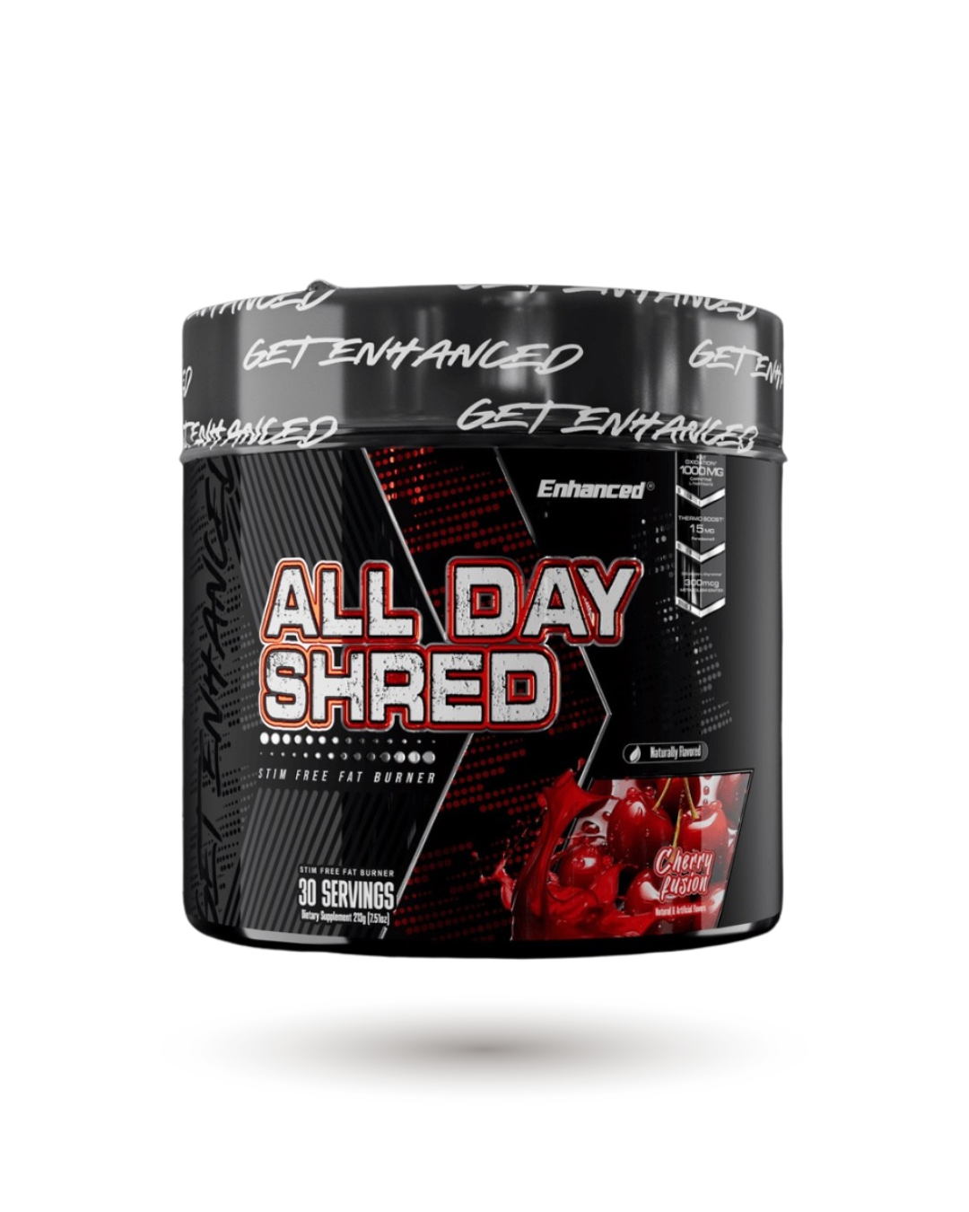 Enhanced All Day Shred Essentials Cherry Lemonade flavor non-stimulant fat burner supplement for fitness and weight management goals.