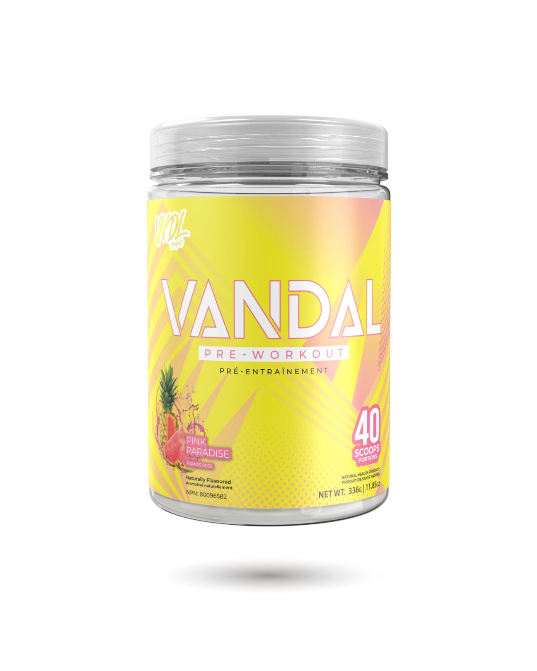VNDL Project Vandal Pre-Workout Pink Paradise flavor in yellow tub. 40 servings for energy, endurance, and hydration support during training.