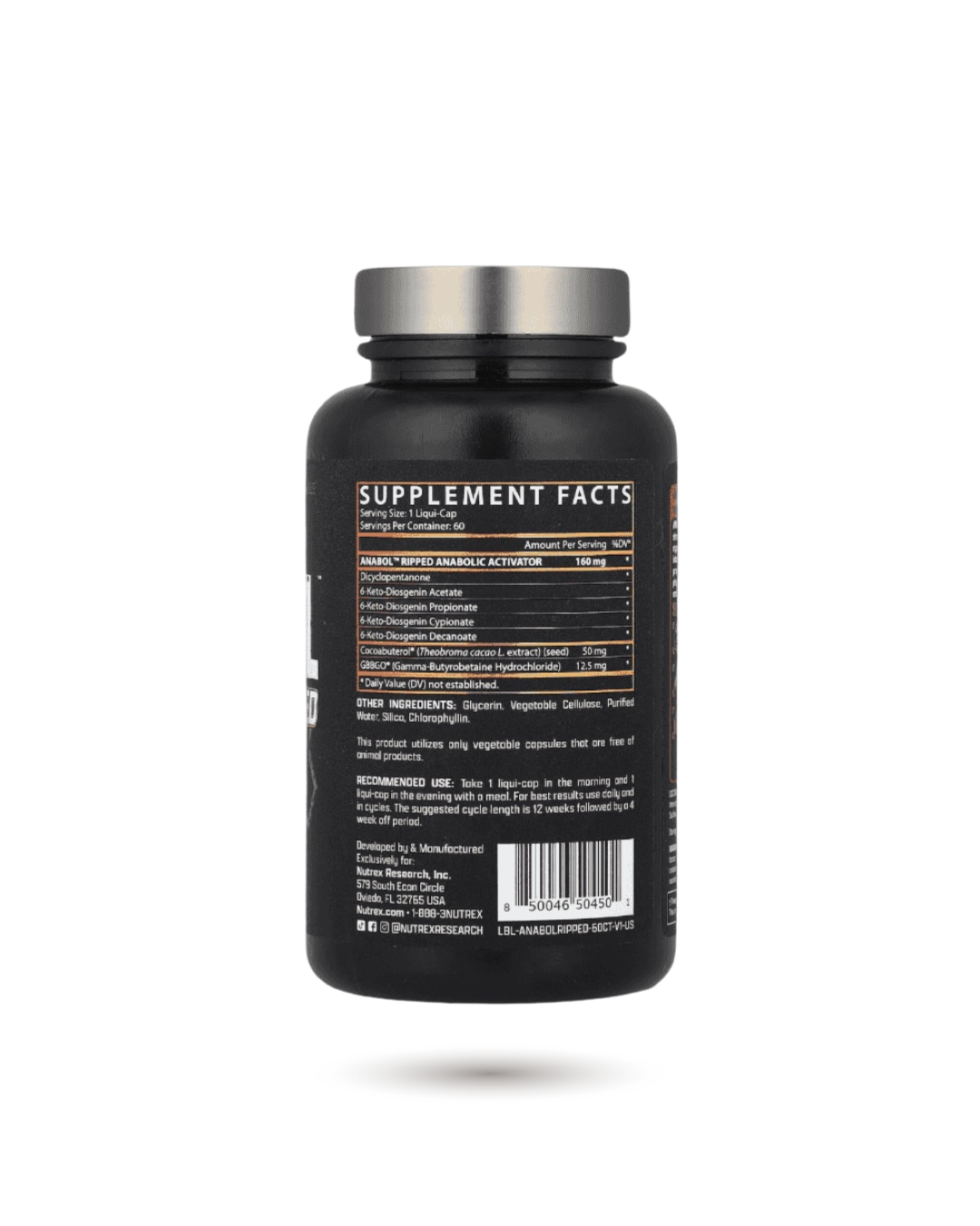 Back label of Nutrex Anabol Ripped 60 Servings showing supplement facts and ingredients for fitness and performance nutrition.