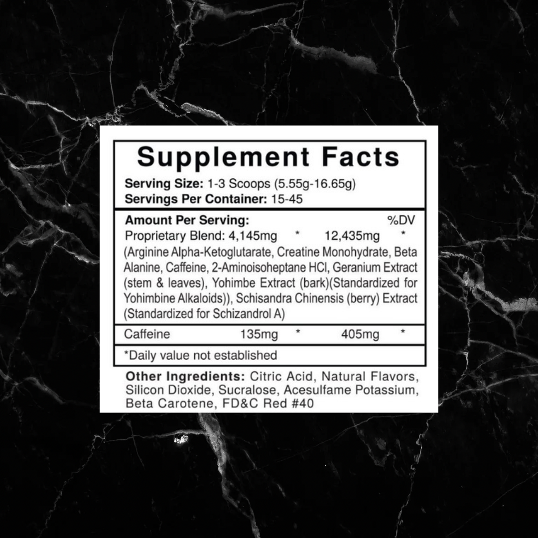 Supplement facts label for USP Labs Jack3d DMHA Pre-Workout showing ingredients, caffeine content, and proprietary blend details.