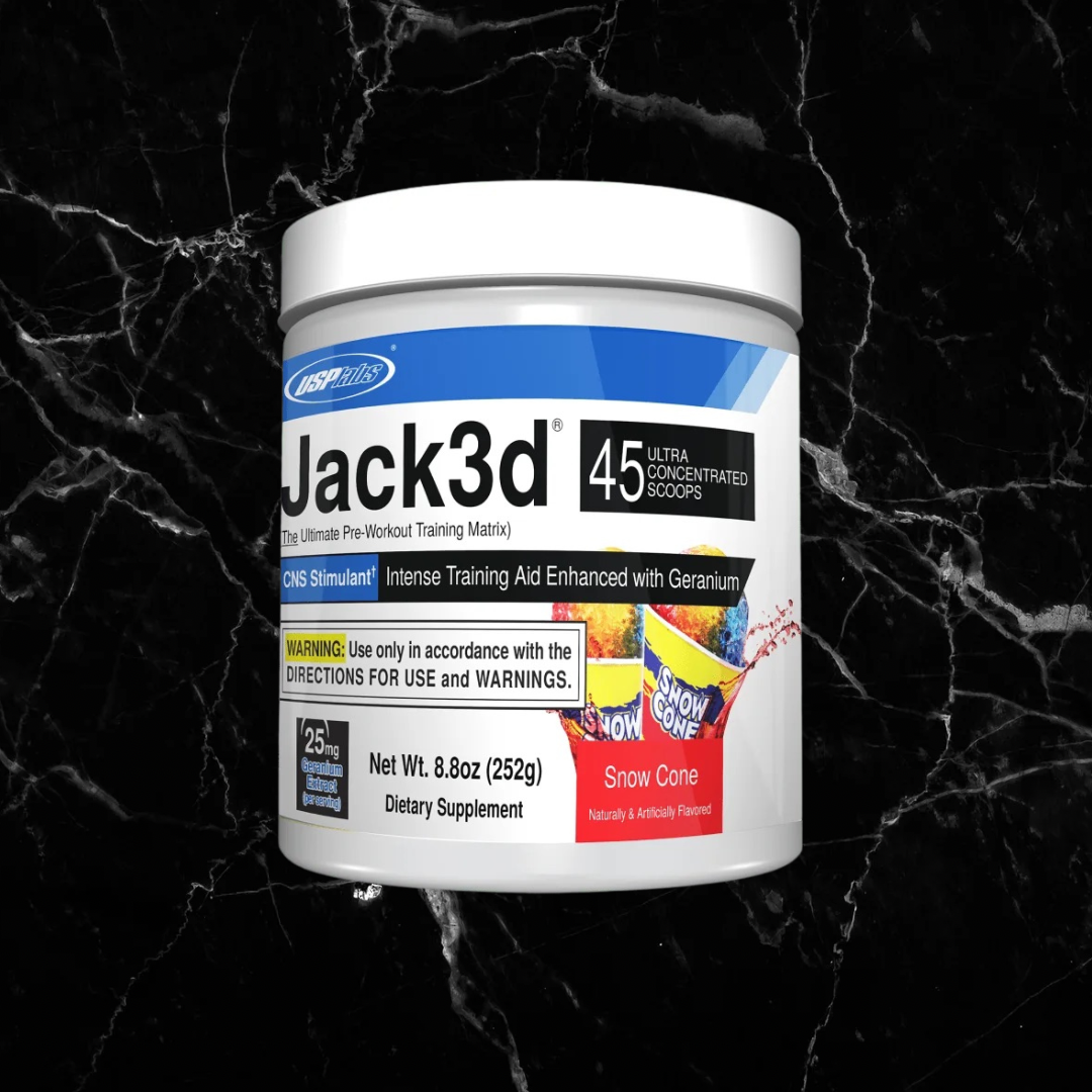 USP Labs Jack3d DMHA Pre-Workout Snow Cone flavor with 45 servings for energy and focus. High stim supplement for intense training sessions.