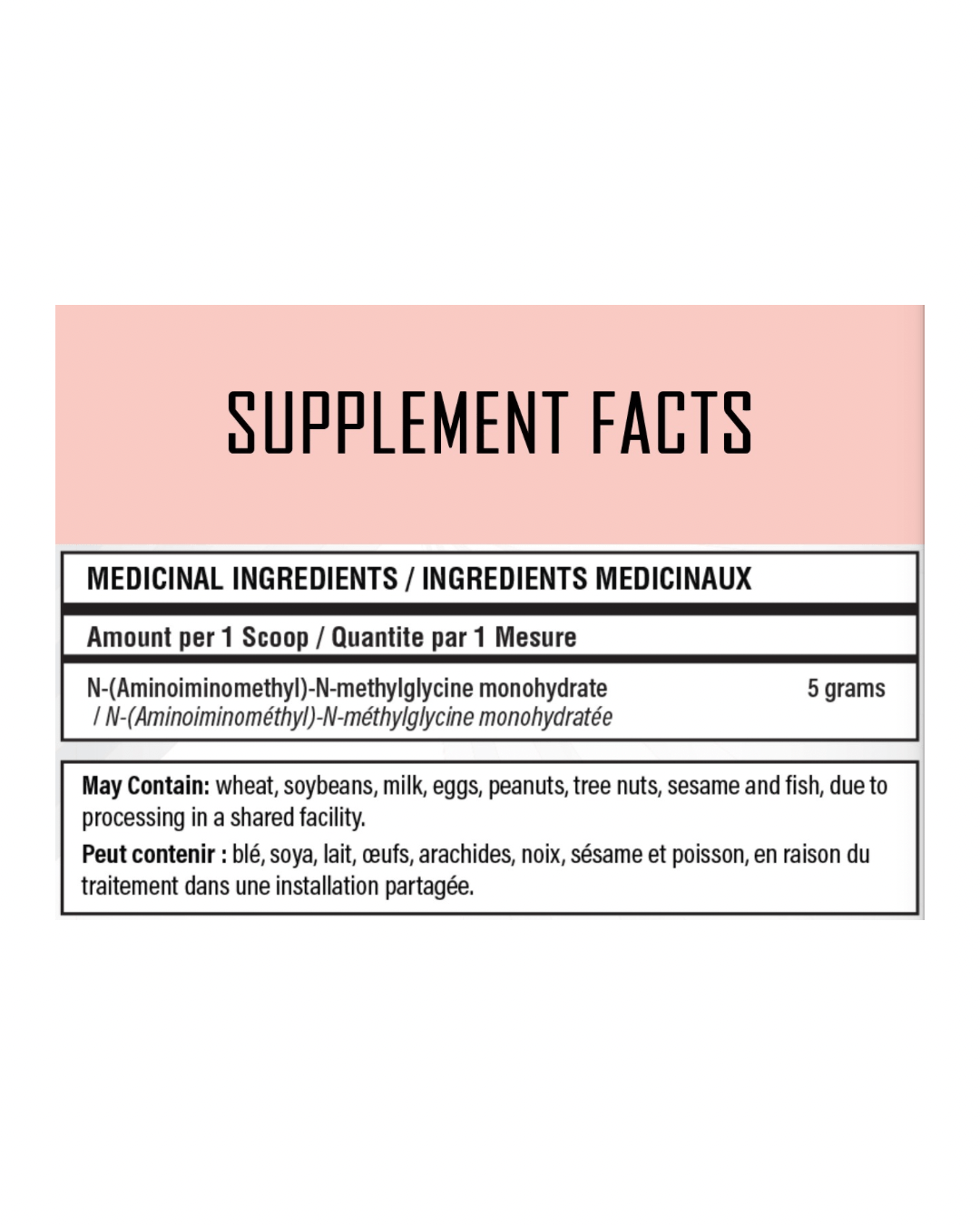 Supplement facts label of VNDL Micronized Creatine showing 5g of N-methylglycine monohydrate per scoop and allergen warnings.