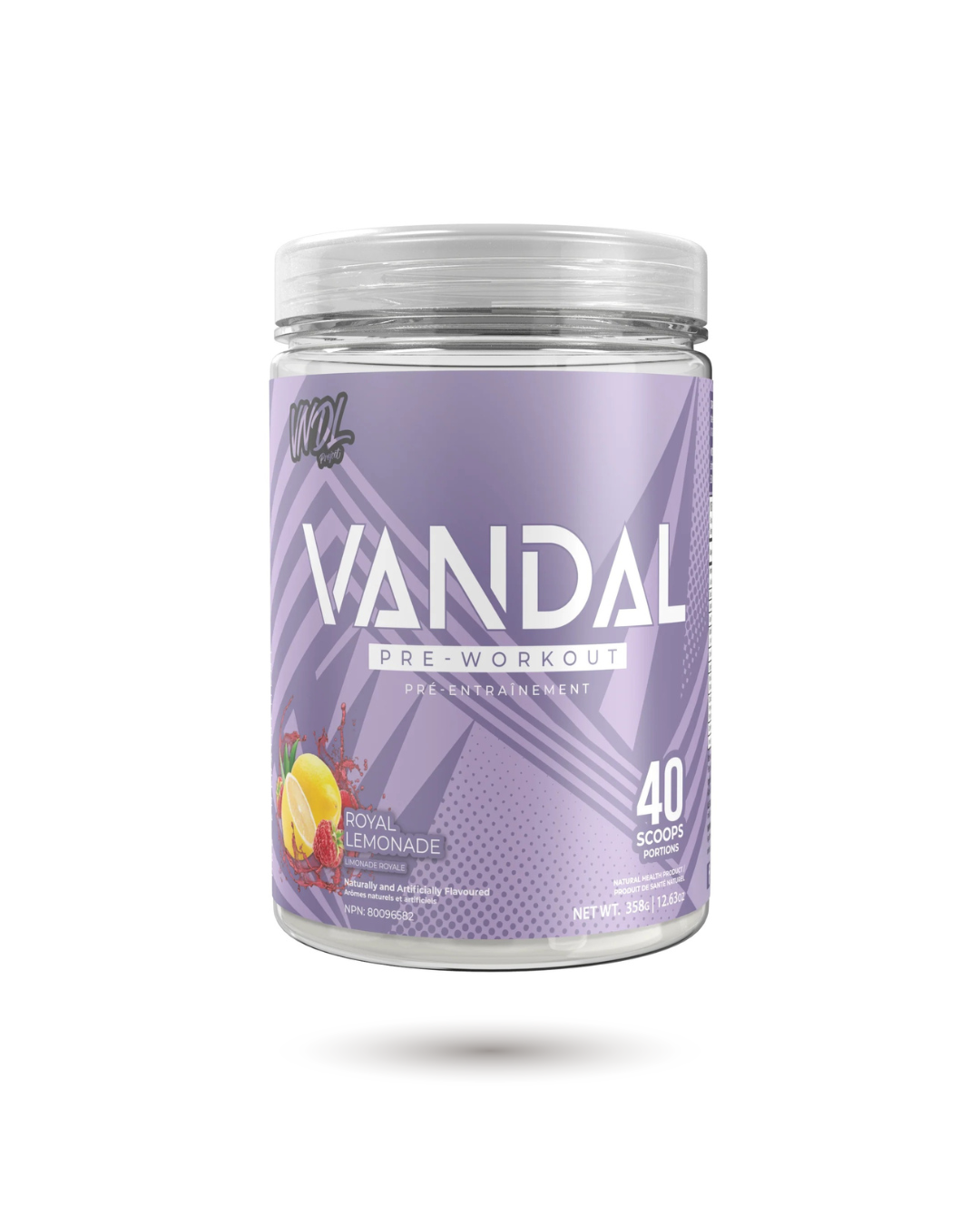 VNDL Project Vandal Pre-Workout Royal Lemonade flavor with 40 servings for energy, focus, and endurance. Fitness supplement in purple tub.