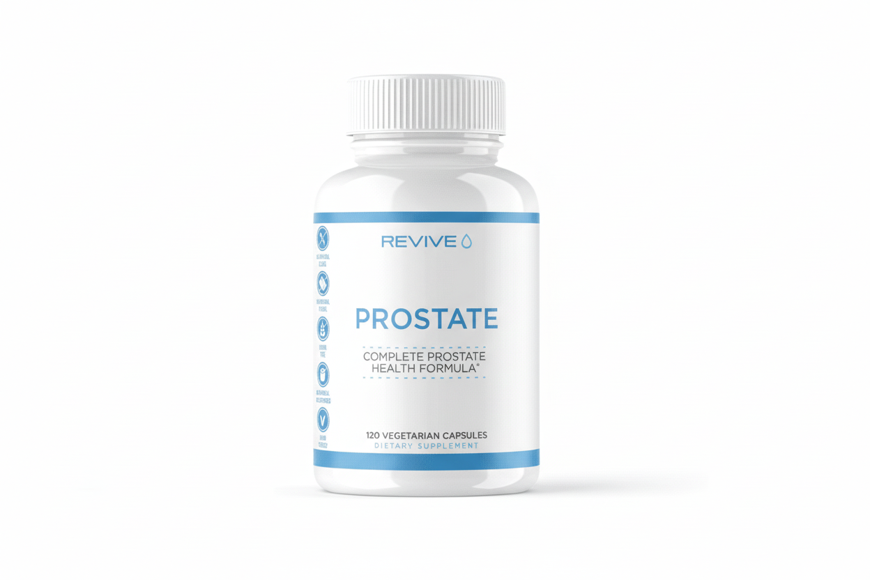 Revive Prostate - Prostate Health Supplement bottle with 120 vegetarian capsules, designed to support prostate and bladder health naturally.