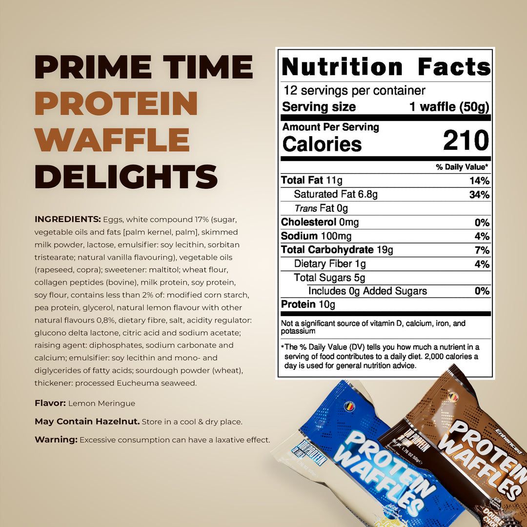 Nutrition facts and ingredients for Enhanced Protein Waffles Lemon Meringue, showing 11g protein and low sugar content per serving.