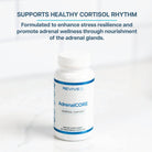 AdrenalCORE bottle on a white surface with text highlighting support for healthy cortisol rhythm and adrenal wellness.