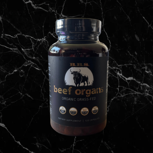 Grass-Fed Beef Organs supplement bottle with 120 capsules, featuring organic desiccated liver, heart, kidney, spleen, and pancreas blend.