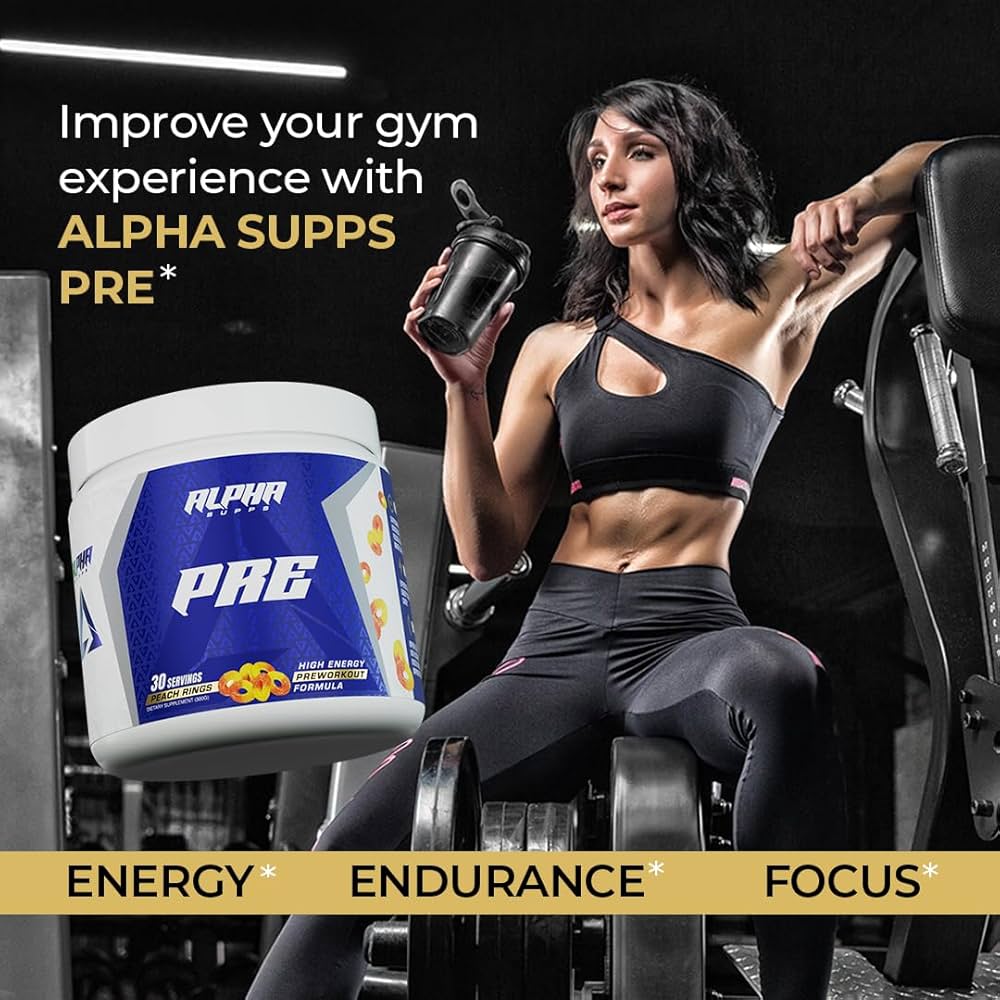 Alpha Supps Pre-Workout Peach Rings flavor promoted by female athlete in gym setting, emphasizing energy, endurance, and focus.