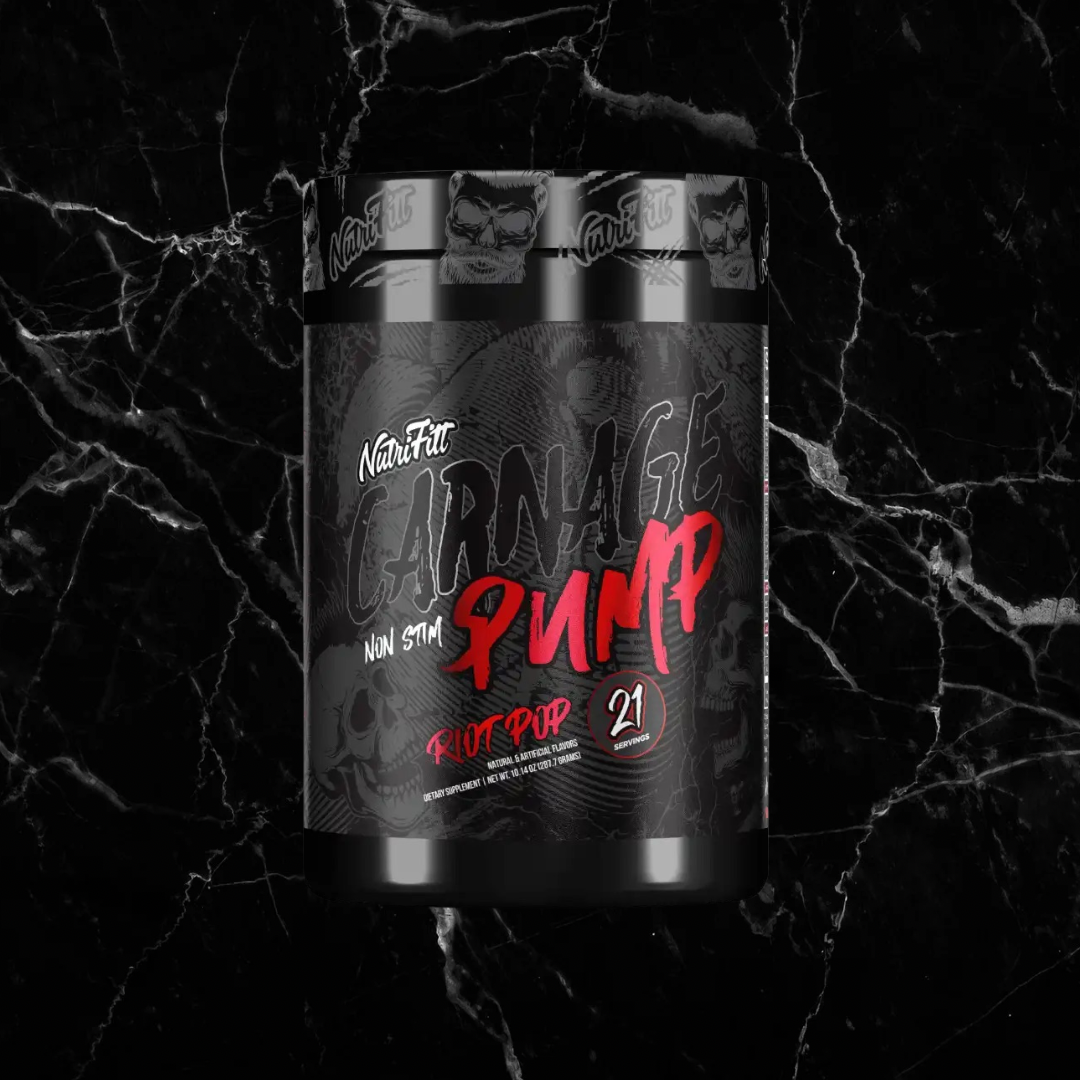 Nutrifitt Pump Carnage Non-Stim Formula in Riot Pop flavor, a stim-free pre-workout for enhanced blood flow and lean muscle support.