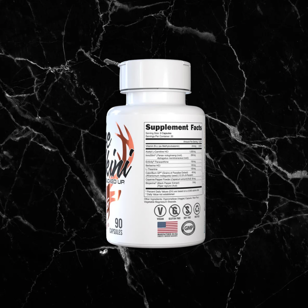 Back view of Babe Bikini by Bucked Up supplement bottle showing supplement facts and certifications for vegan, GMP, and made in the USA.