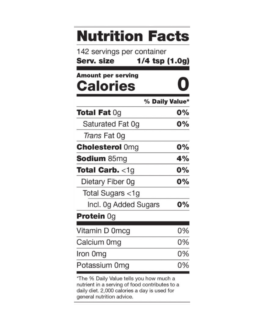 Cayenne Spices Blend - Sweet-Spicy Fusion nutrition label showing zero calories, fat, sugar, and sodium per 1/4 tsp serving. Ideal for guilt-free seasoning.