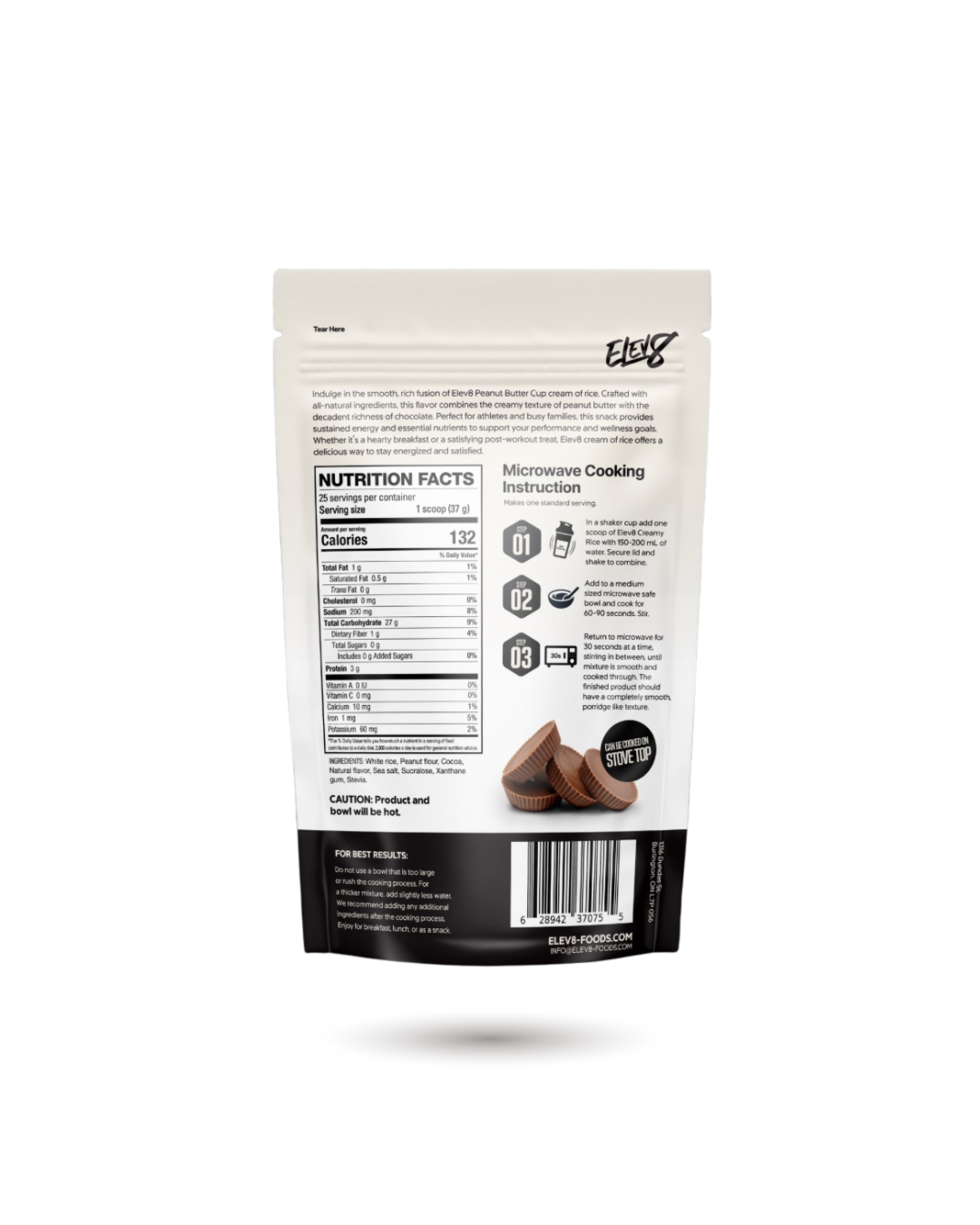 Back of ELEV8 Creamy Rice Peanut Butter Cup pouch with nutritional breakdown and prep guide. High-energy, gluten-free snack option.