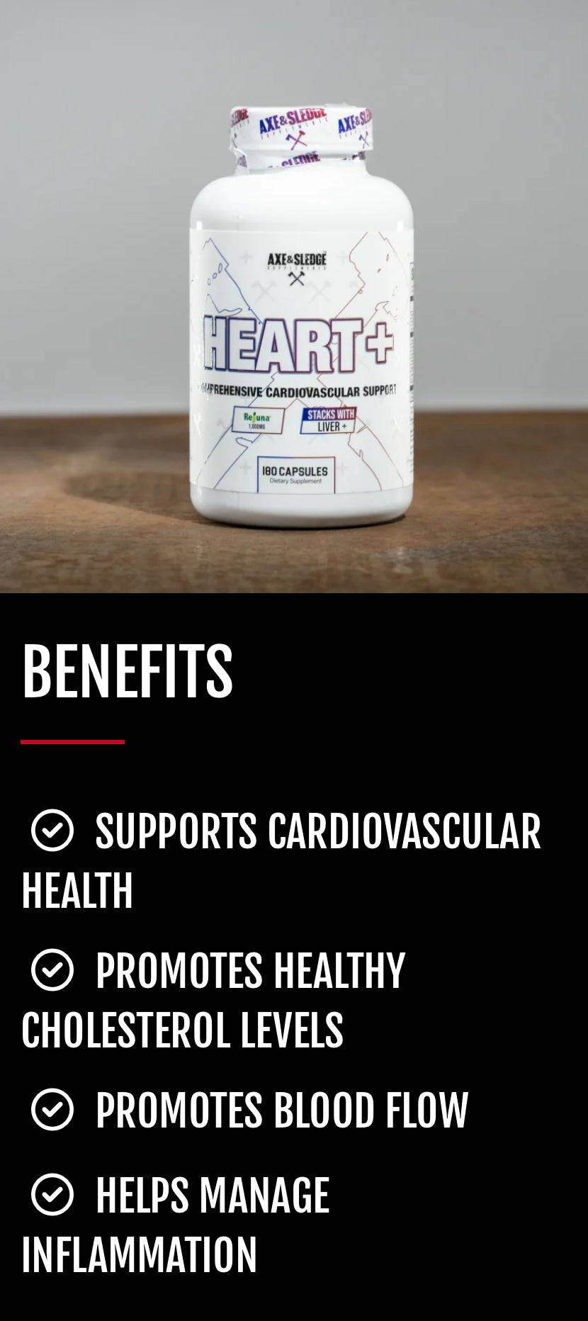 Axe & Sledge Heart+ bottle displayed with benefits list including cardiovascular support, cholesterol management, and inflammation reduction.