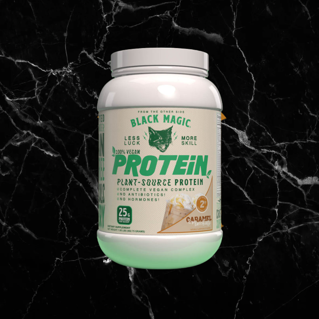 Black Magic Supply vegan protein supplement in caramel flavor with 25g plant-based protein per serving, ideal for fitness and nutrition needs.